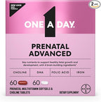 One A Day Prenatal Advanced- Prenatal Vitamins with Folic Acid, Choline, DHA & Iron, Pregnancy Vitamins for Women to Support Baby’s Development, 60+60 Ct (120 Total Set) (Packaging May Vary)
