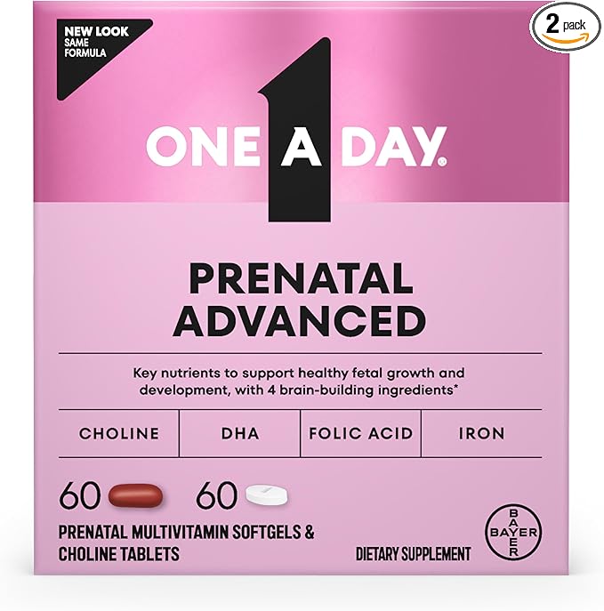 One A Day Prenatal Advanced- Prenatal Vitamins with Folic Acid, Choline, DHA & Iron, Pregnancy Vitamins for Women to Support Baby’s Development, 60+60 Ct (120 Total Set) (Packaging May Vary)