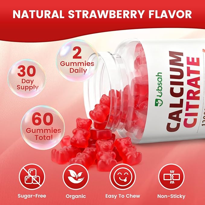 Calcium Citrate Gummies 1200mg, High Absorption Calcium Supplements with Vitamin D3, K2, Magnesium, Zinc for Bone, Muscle & Immune Support, Calcium Gummies for Women & Men, Strawberry Flavor 60 Count