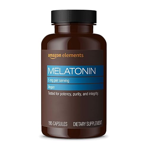 Amazon Elements - Melatonin 5mg Capsules, Helps with occasional sleeplessness, Vegan, Unflavored, 195 Count (Pack of 1), 6 month supply (Packaging may vary)