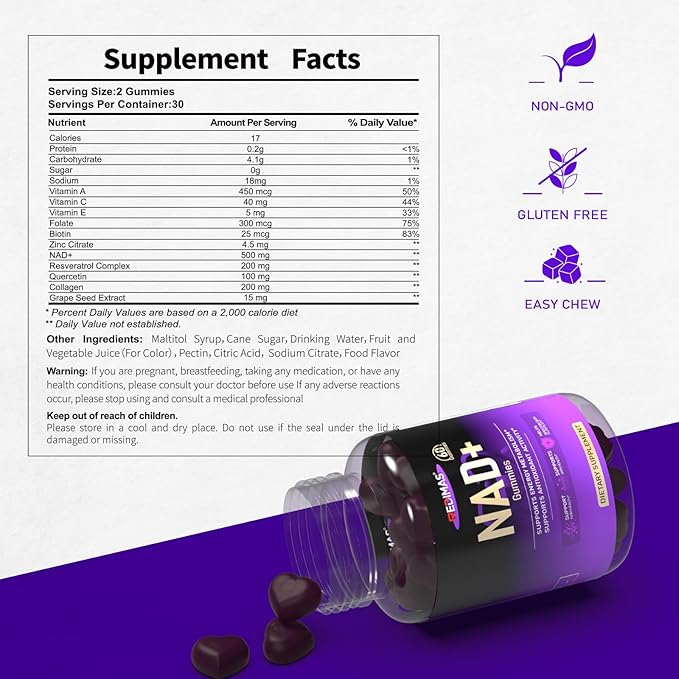 NAD Gummies with Resveratrol, Multivitamin Blend, Quercetin, Collagen and Zinc, Chewable NAD Gummy for Women, Natural Grape Flavor, Convenient Daily Chew, 60 Count