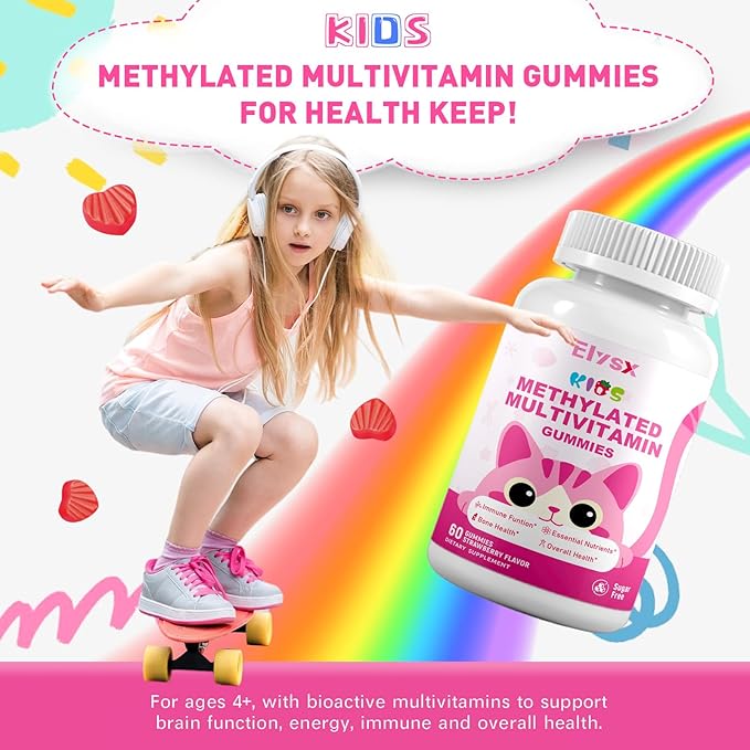 Kids Methylated Multivitamin Chewable Gummies, MTHFR Supplement with L Methylfolate, Magnesium, Biotin, Choline, Inositol, DHA, TMG & Coq 10, Immune & Brain Support, Strawberry Flavor, 60 Ct