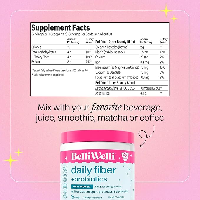 Belli Welli Unflavored Daily Fiber Supplement Powder with Collagen, Probiotics & Electrolytes | Supports Digestive Health, Gut Balance & Debloating, Sugar Free | 30 Servings