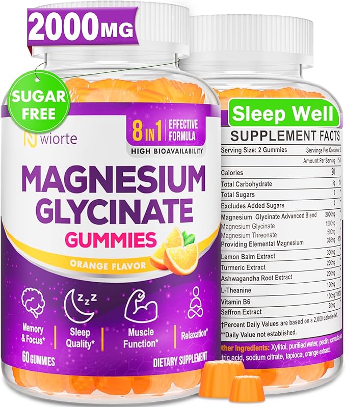 Magnesium Glycinate Gummies Supplement for Adults Women, Magnesium Gummies with L-Threonate, Ashwagandha, Vitamin B6- Sleep, Relaxation, Calm, Energy, Vegan, Sugar Free, 60 Count