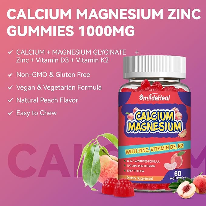 2 Pack Calcium Magnesium Gummies 600MG, Calcium Magnesium Zinc Gummies with Vitamin D3 - High Absorption Complex Calcium Supplement, Vegan, 120 Counts