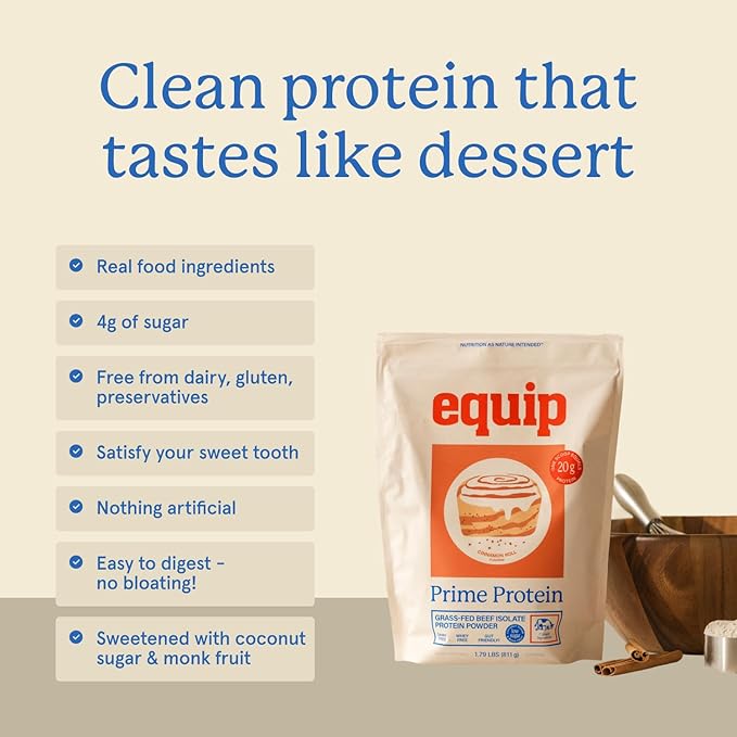 Equip Foods Prime Protein Powder | Clean, Grass Fed Beef Protein Powder for Women & Men | Carnivore Protein Isolate | Paleo, Keto Friendly | Gluten, Dairy Free | 30 Servings, Cinnamon Roll