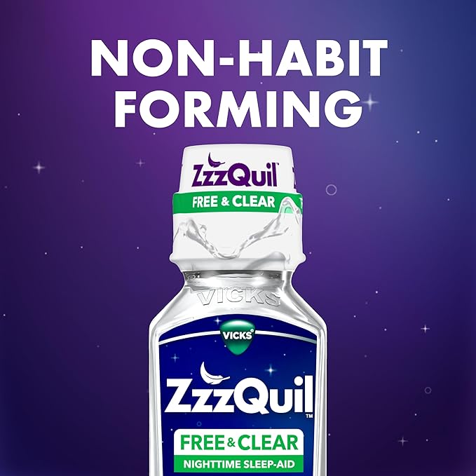 ZzzQuil Liquid Sleep Aid, Diphenhydramine 50mg HCI, Free & Clear, Free of Alcohol and Artificial Dyes, Nighttime Sleep Aid Liquid, Non-Habit Forming, Strawberry Flavored, 2 Pack, 24 FL OZ