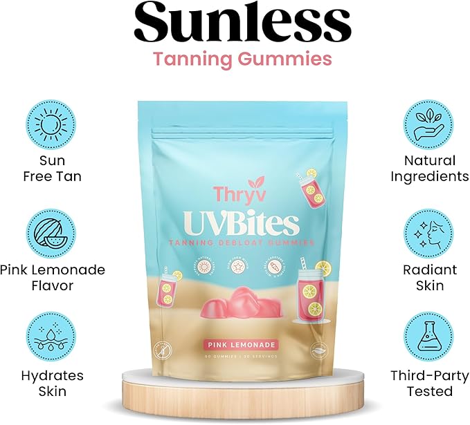 UVBites - Tanning Gummies - Self Tan Supplement - Tanning Pill - Fast Acting & Debloating Melanin Supplement with Beta Carotene, Astaxanthin, Niacinamide - Glow Up Skin (60 Count, Pink Lemonade)