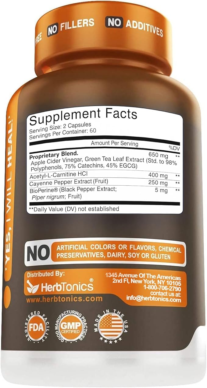 Herbtonics Thermogenic Supplement | Metabolic Health & GLP-1 Support for Men & Women | Clean Energy & Mental Focus | ACV, Green Tea Extract & Caffeine | 120 Veg Capsules