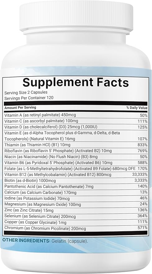 Micro Ingredients 2 Pack Pure Methylated Multivitamin, 480 Capsules | 19-in-1 Formula with Vitamins C, D, B12, Folate, Magnesium, Zinc, & More | Supports Daily Wellness & Immune Health | Filler Free