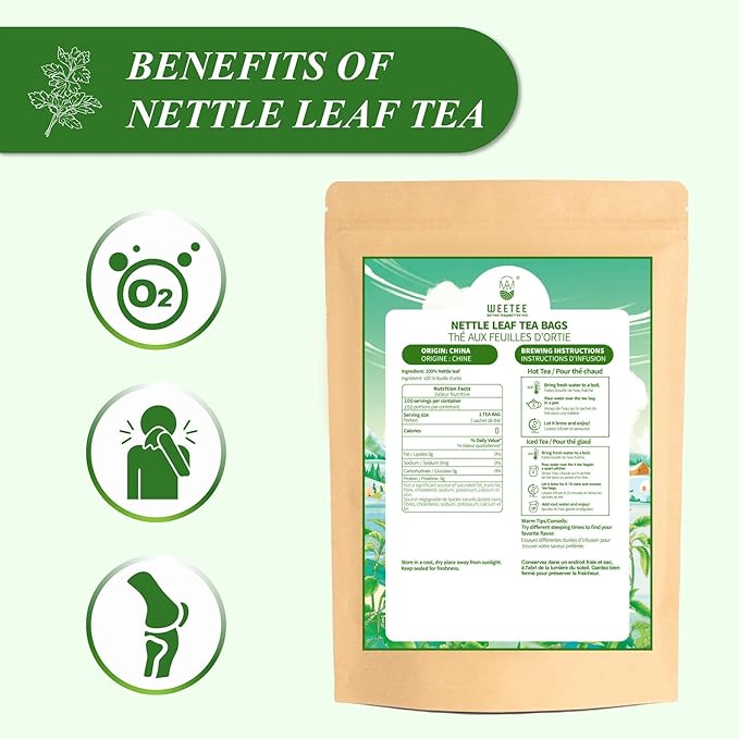 WT WEETEE Nettle Leaf Tea Bags, Made with 100% Pure Stinging Nettle Leaf, Natural Caffeine-free Herbal Tea Rich in Vitamins & Minerals,1.5g x 100 Counts