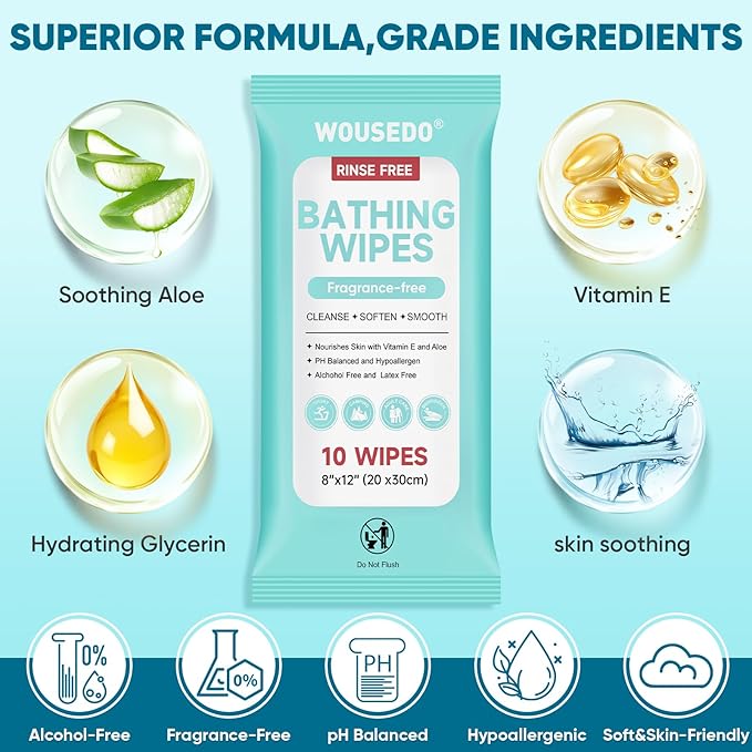 No Rinse Bathing Wipes for Adults - Extra Thick 8x12 Inch Disposable Shower Wipes, Hypoallergenic Unscented Body Cleansing Cloths for Bed Bath, Hospital, Travel, Camping - 300 Count(30 Packs)