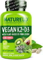 NATURELO Vitamin D3 K2 - Vegan with Plant Based D3 from Lichen - Natural Supplement for Immune System, Bone Support, Heart Health - Whole Food - Non-GMO - Gluten Free, 60 Capsules