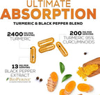 Turmeric Curcumin Supplement - 2400mg Organic Turmeric Per Serving - 95% Curcuminoids & BioPerine Black Pepper Extract for Best Absorption - Natural Vegan Joint Support, Bottled in USA - 180 Capsules