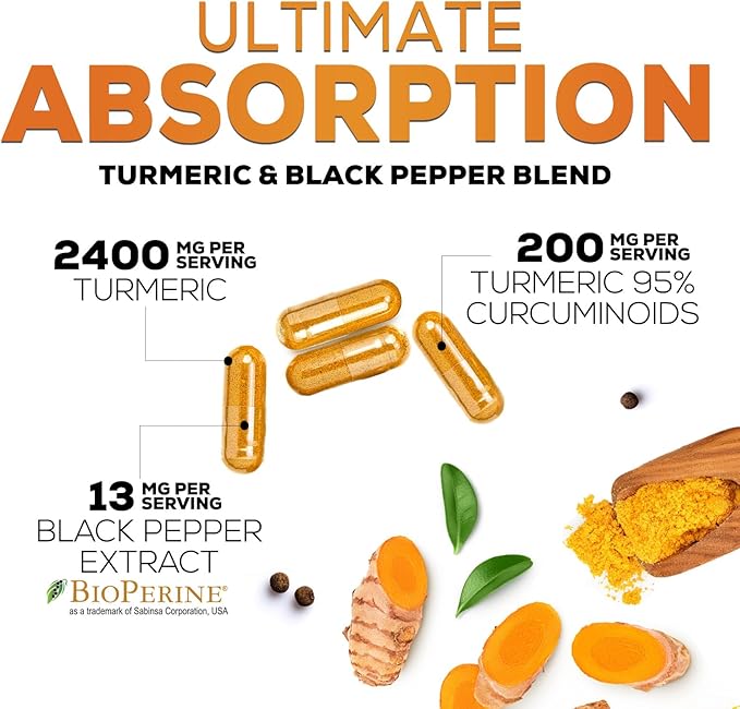 Turmeric Curcumin Supplement - 2400mg Organic Turmeric Per Serving - 95% Curcuminoids & BioPerine Black Pepper Extract for Best Absorption - Natural Vegan Joint Support, Bottled in USA - 180 Capsules