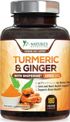 Turmeric Curcumin Supplement - 95% Curcuminoids with Organic Turmeric & Ginger, BioPerine Black Pepper Extract for Best Absorption, Natural Vegan Joint Support, Non-GMO, Bottled in USA - 180 Capsules