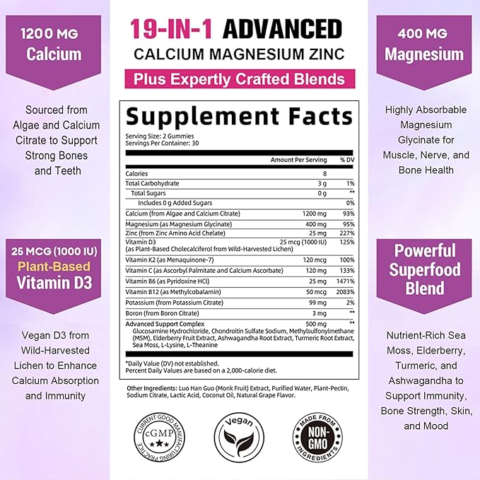 Totaria Sugar Free Calcium Magnesium Zinc Gummies for Women Men, 19-in-1 Ultimate Absorption Calcium 1200 mg Supplements with Vitamin D3 K2, Boron, B12, Ashwagandha, for Bone, Teeth, Calm, Vegan