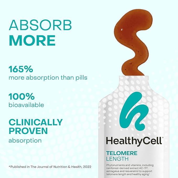 HealthyCell Telomere Length Supplement - Anti-Aging Telomere Lengthening Supplements with Phytonutrients & Vitamins for Cellular Health - AC-11, Astragalus & Resveratrol - 30 Gel Packs, Grape Flavored