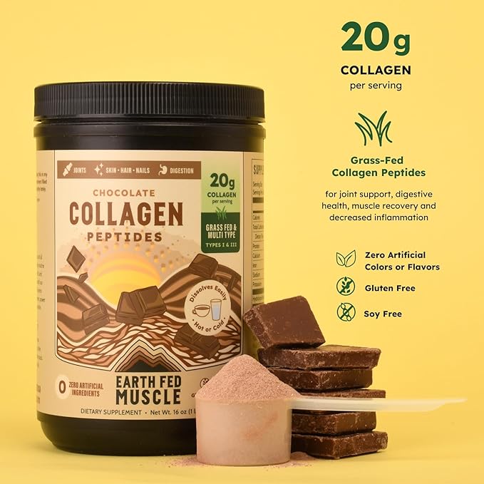 Earth Fed Muscle Chocolate Collagen Peptides Powder – Grass Fed Hydrolyzed Collagen for Women & Men - Healthy Bones, Skin & Hair - Types 1 & 3 Collagen Powder, 20g Per Serving, 19 Servings