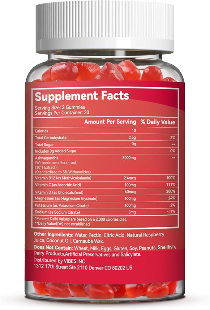 Ashwagandha Gummies 3000mg for Stress Relief, Calm & Relaxation Support with Magnesium & Vitamin D, Vegan, Gluten-Free, Natural Raspberry Flavor, 60 Count