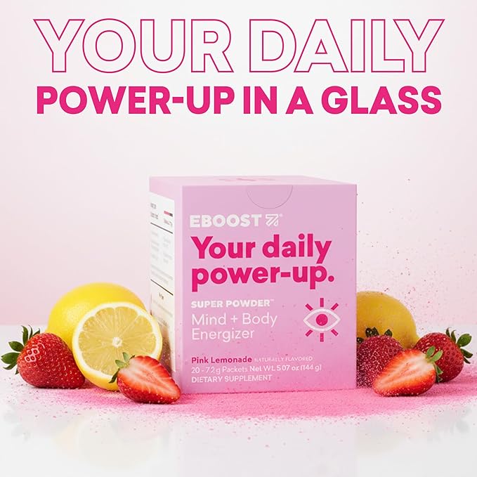 EBOOST Super Powder Drink Mix - Pink Lemonade 0.2 oz 20 Pack Hydration Energizer Electrolytes Powder - 13 Vitamins & Minerals - 110 mg Caffeine - 0 Added Sugar - No Artificial Flavors or Sweeteners