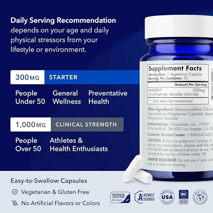 TRU NIAGEN Patented NAD Supplement for Brain Function, Anti Aging & Cell Regeneration, 300mg Niagen, 30 Servings | Supports Cellular Energy, Muscle | Nicotinamide Riboside (NR) Take 1 Daily | 1 Bottle