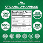 Zazzee USDA Organic D-Mannose, 1000 mg Per Serving, 120 Vegan Capsules, 2 Month Supply, Non-GMO, Urinary Tract & Bladder Support, Potent & Fast-Acting, Lab Tested for Quality & Purity, Made in USA