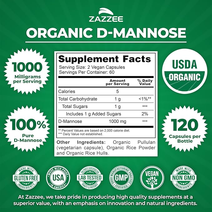 Zazzee USDA Organic D-Mannose, 1000 mg Per Serving, 120 Vegan Capsules, 2 Month Supply, Non-GMO, Urinary Tract & Bladder Support, Potent & Fast-Acting, Lab Tested for Quality & Purity, Made in USA
