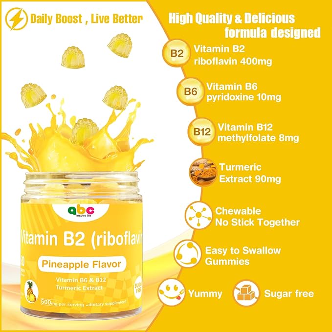 Vitamin B2 Gummies Riboflavin 400mg for Men Chewable B2 Vitamins for Adults with B Complex Turmeric Extract for Digestive Comfort,Nervous System Support, Vegan, Sugar-Free, Pineapple Flavor,60 Count