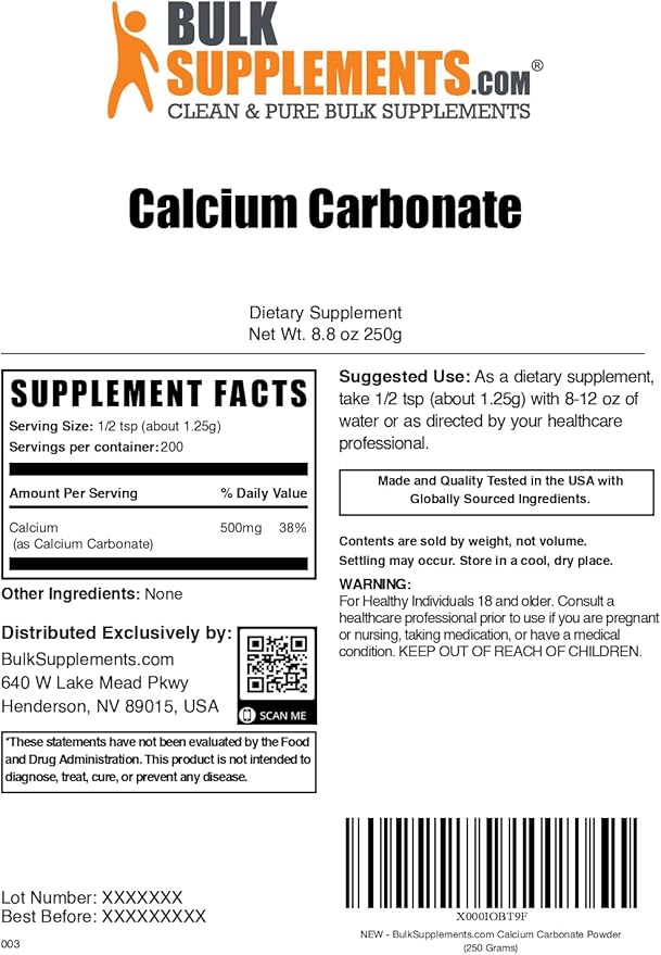 BulkSupplements.com Calcium Carbonate Powder - Calcium Carbonate Food Grade, High Absorption - Gluten Free, 1.25g per Serving, 250g (8.8 oz) (Pack of 1)