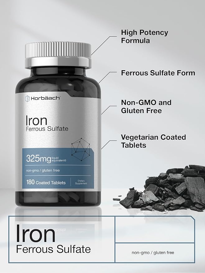Horbäach Iron Ferrous Sulfate | 180 Count | Vegetarian, Non-GMO & Gluten Free Dietary Supplement