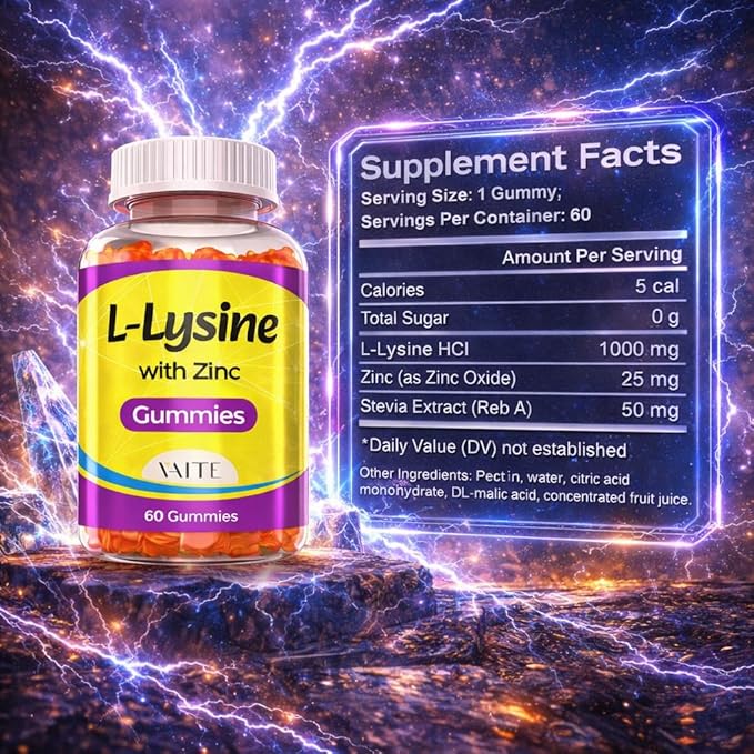 VAITE L Lysine Gummies 1000mg with Zinc - Supports Skin, Lip, Vegan, Gluten Free, 60 Chewable L-Lysine for Adults, Vitamins Tissue Health & Immune System, Amino Acid & Complex Supplements, Non-GMO
