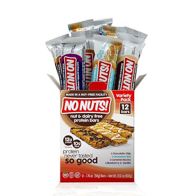 No Nuts! Protein Bar Variety Pack – 12 Count | Nut-Free & School-Safe | Chocolate Chip, Caramel Mocha, Cinnamon Roll & Blueberry Vanilla | Dairy-Free, Vegan, Non-GMO, Organic, Kosher