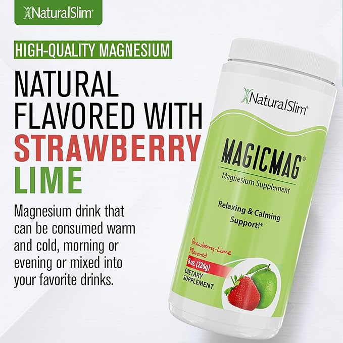 NaturalSlim Magicmag Pure Magnesium Citrate Powder – Stress, Constipation, Muscle, and Heart Support | Natural Strawberry & Lime Flavored Magnesium Supplement - 8oz Drink Mix (2 Pack)