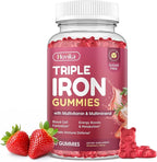 Iron Gummies for Women, Triple Iron Supplement with Multivitamin Iron Gummies with Vitamin C, A, B, Folate, Copper, Zinc for Energy & Blood Support, Immune Health, Vegan, Strawberry Flavor, 60 Counts