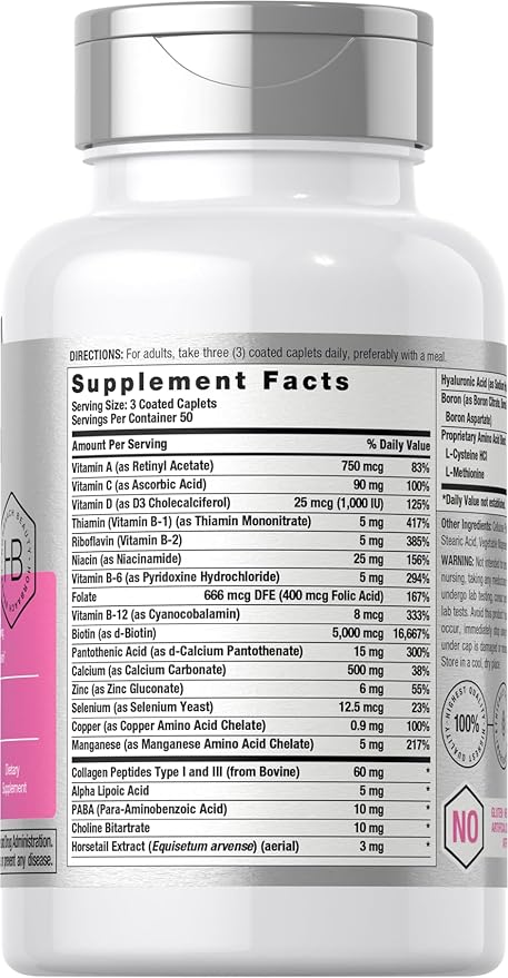 Horbäach Hair Skin and Nails Vitamins | 150 Caplets | with Biotin and Collagen | Supplement for Women and Men | Non-GMO, Gluten Free