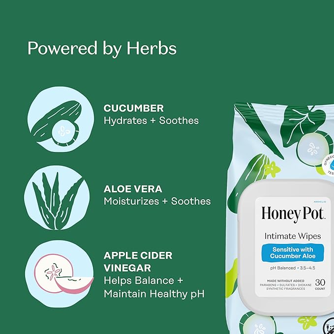 The Honey Pot Company - Feminine Wipes - Daily PH Balancing, Fragrance & Sulfate Free Wipes for Intimate Parts, Body, or Face - Hygiene Products - Sensitive w/Cucumber Aloe 30 ct.