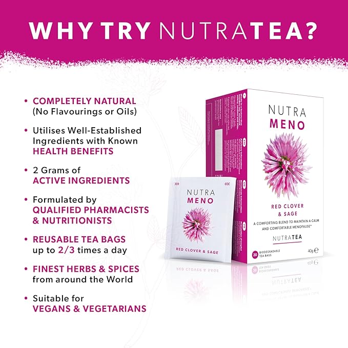 Nutra Tea NutraMeno - Menopause Tea, Red Clover Tea - Perimenopause & Menopause Relief For Women - Includes Red Clover, Sage & Rose - 20 Individually Wrapped Bags - Herbal Infusion (1 Pack)