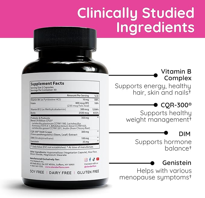 SlenderFlora - Menopause Probiotic Supplement | Weight Management, Hot Flashes, Night Sweats, Bloating | 70 Billion CFU | Gluten, Soy & Dairy Free | 60 Ct, Pack of 3