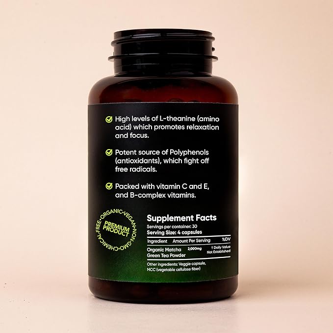 Organic Matcha Green Tea Capsules - Natural Energy Boost - Clean Gradual Caffeine - Japanese Matcha Green Tea Pills - 100% Natural Antioxidant - Calming and Relaxing - 120 Daily Capsules - 2,000/mg