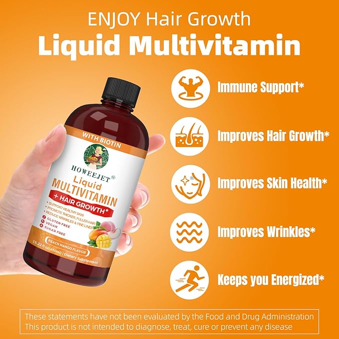 Liquid Multivitamin for Hair Growth | Biotin 10000mcg | Hair & Skin Support Supplement | Clinically Tested for Thicker Hair & Skin Elasticity | Suitable for Women & Men, Ages 18+ | 15.22 Fl Oz (1)