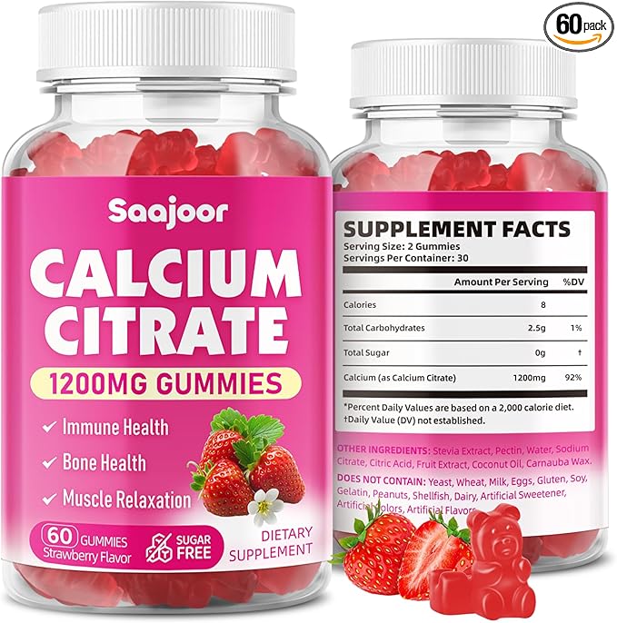 Calcium Citrate Gummies 1200 mg - High Absorption Calcium for Strong Bones, Muscles & Immune Support - Vegan, Non-GMO, Natural Strawberry Flavor, 60 Count