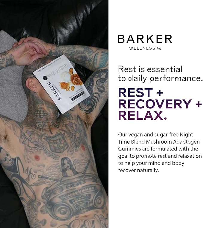 Barker Wellness Nighttime Vegan Sugar-Free Adaptogen Mushroom Gummies – Reishi, Lion's Mane, Chaga, Cordyceps for Calm, Rest & Recovery – Non-GMO Sleep Support & Relaxation Supplement, 60 Count