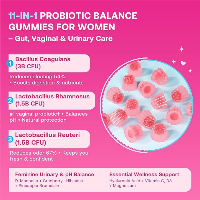 Feminine Balance Gummies for Women, Premium Ph Balance Gummies with Probiotic for Vaginal Flora Balance, Immune Support Supplement, Gluten-Free, Strawberry Flavor with Liquid Filled, 60 Count