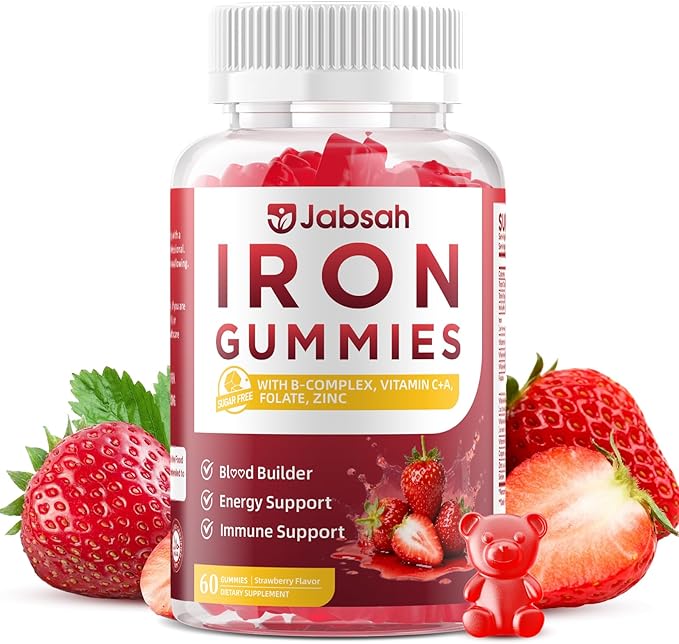 Vegan Iron Gummies for Women & Men, Iron Supplement with B-Complex, Vitamin C, A, Folate for Adults & Kids - Blood Builder & Energy Support & Immune Health - Strawberry Flavor, 60 Gummies