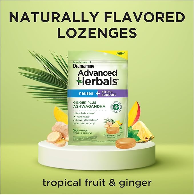 From the Makers of Dramamine, Advanced Herbals Ginger & Ashwagandha Lozenges, for Nausea Relief & Stress Support, Tropical Fruit and Ginger Flavor, 20 Count