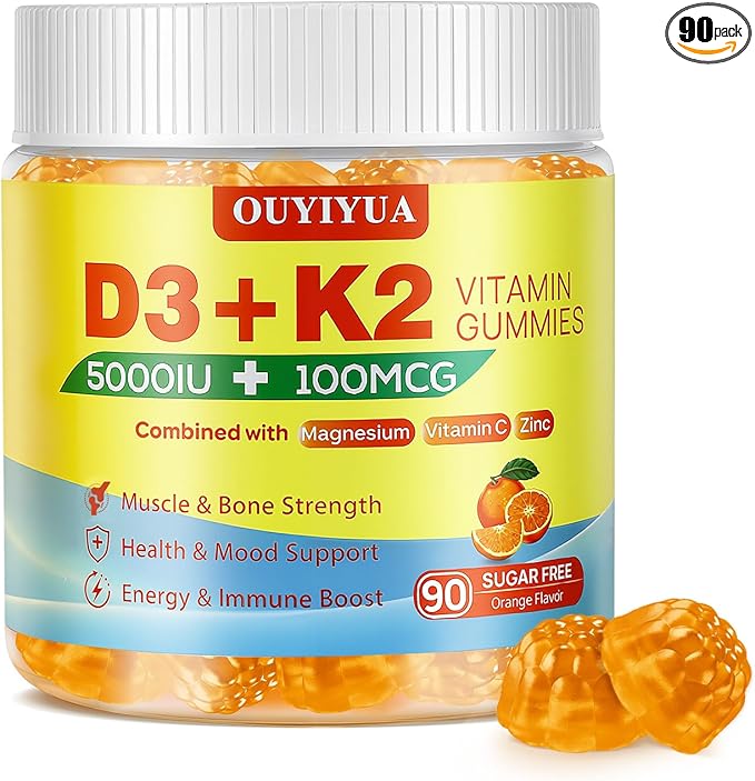 Vitamin D3 K2 Gummies，Vitamin D3 5000IU + K2 (MK-7) 100mcg Gummies for Adults | Immune Health Support, Teeth & Muscle Function Boost |90 Count