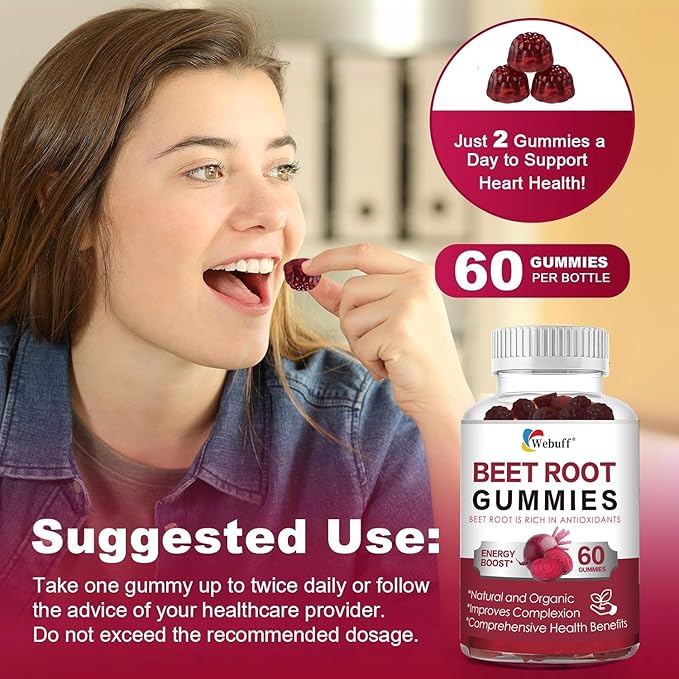Beet Root Gummies — Nitric Oxide Booster with Organic Beet, Pomegranate & Grape Seed, Vitamin B12 — Energy, Circulation & Heart Health Support, Vegan, Non-GMO, 60 Count (Pack of 1)
