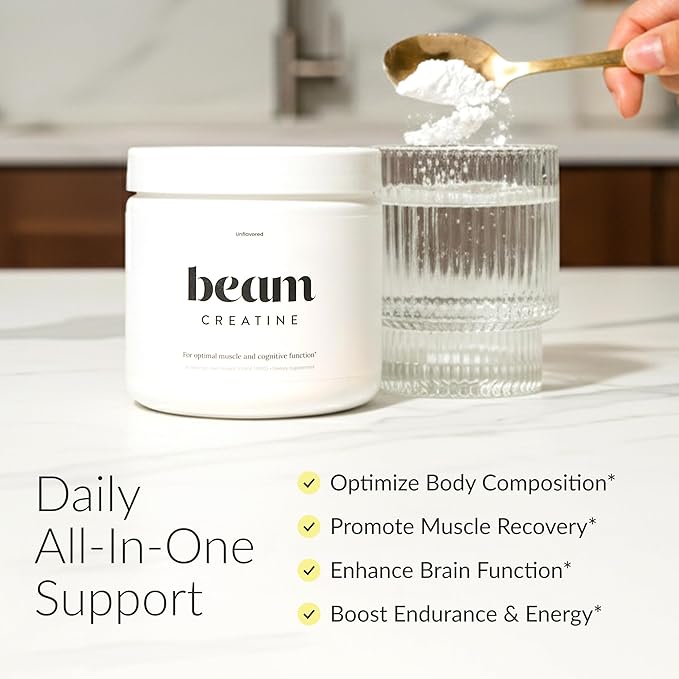 Beam Creatine Monohydrate Powder – 5g Micronized Creatine Monohydrate, Third Party Tested Creatine for Women & Men, Muscle Strength, Growth, Recovery & Cognitive Support, Unflavored, 100 Servings