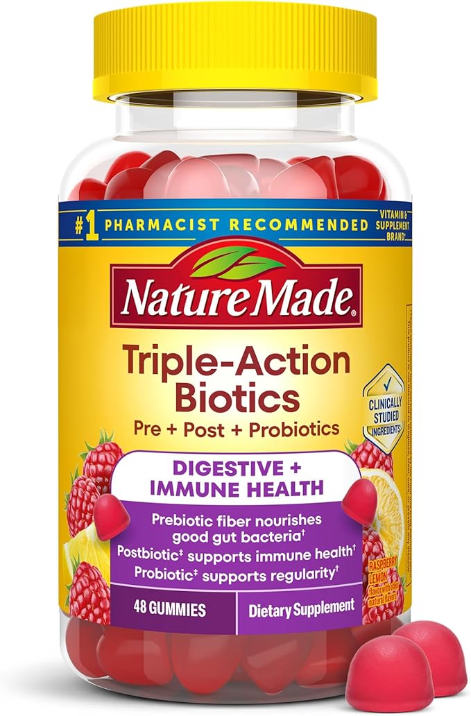 Nature Made Triple-Action Biotics, Gut and Immune Health Support, Digestive Probiotics for Women and Men, Prebiotic Fiber Gummies, 48 Gummies, 24 Day Supply